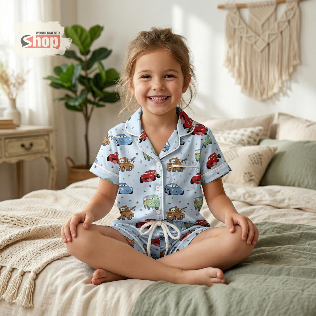 Disney Cars Kids Satin Pajamas Set, Cartoon Car Sleepwear for Boys Girls, Cute Racing Vehicle Pajama Set, Soft Summer Nightwear Gift for Kid
