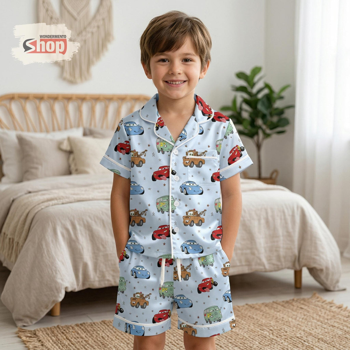 Disney Cars Kids Satin Pajamas Set, Cartoon Car Sleepwear for Boys Girls, Cute Racing Vehicle Pajama Set, Soft Summer Nightwear Gift for Kid