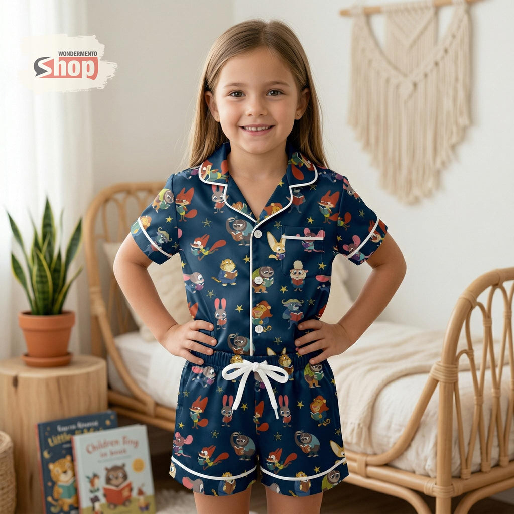 Zootopia Inspired Kids Satin Pajamas Set, Cute Cartoon Animal Sleepwear for Boys Girls, Soft Summer Nightwear Outfit, Gift for Kids