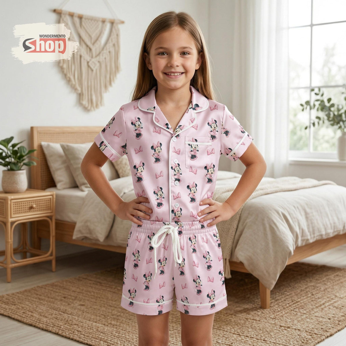 Minnie Mouse Kids Pajamas Set, Cute Pink Cartoon Sleepwear for Girls, Soft Satin PJs, Toddler Pajama Outfit, Birthday Gift for Daughter