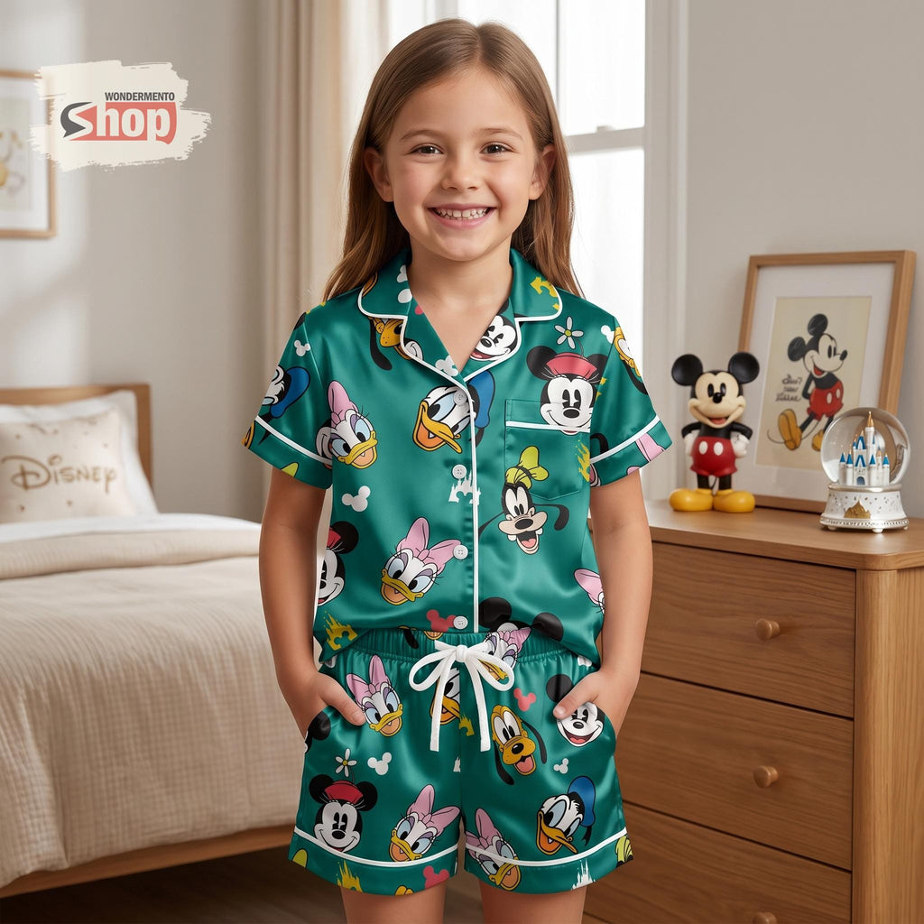 Mickey Friends Kids Pajamas Set, Retro Disney Short Satin PJs for Girls, Cartoon Button Up Sleepwear, Cute Birthday Gift