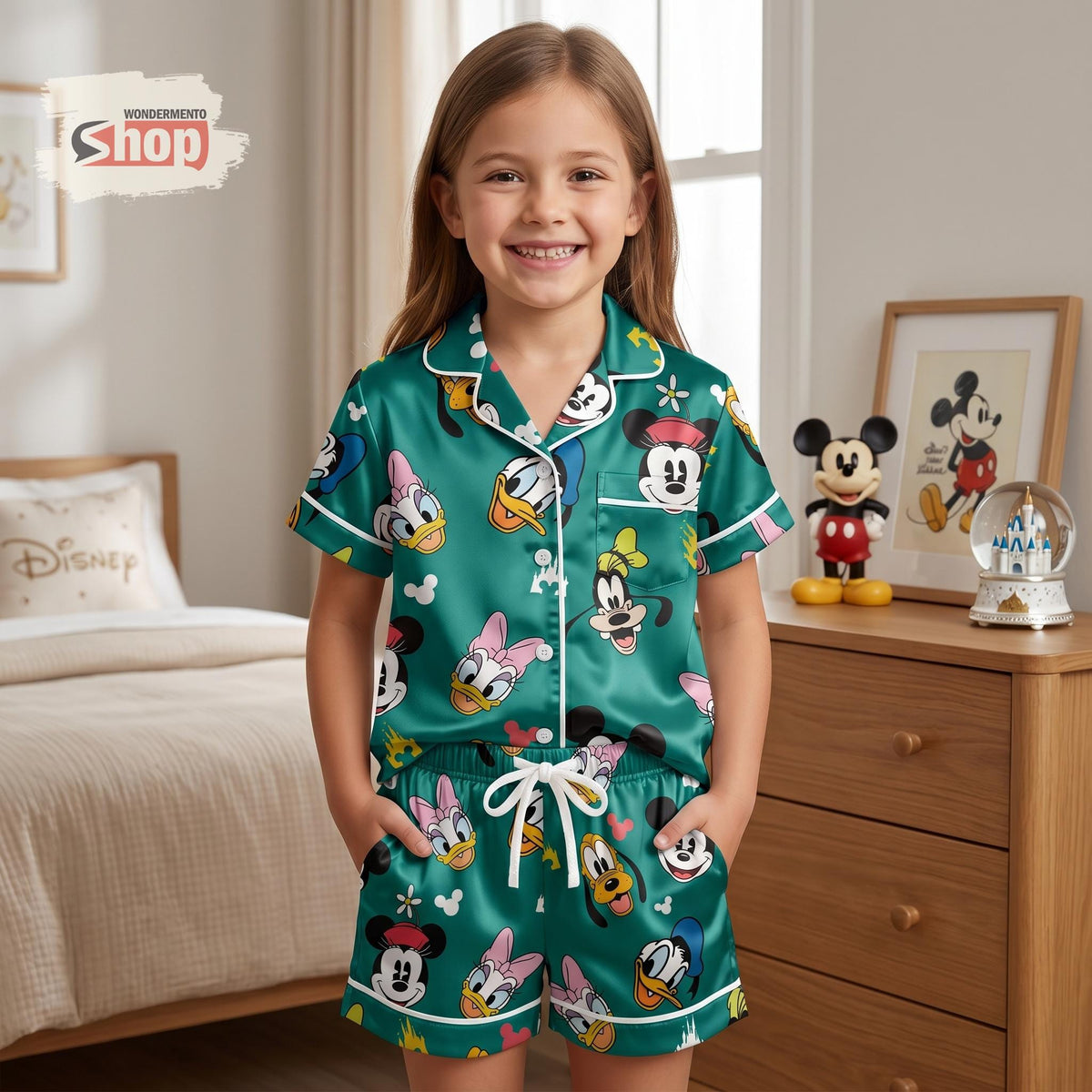 Mickey Friends Kids Pajamas Set, Retro Disney Short Satin PJs for Girls, Cartoon Button Up Sleepwear, Cute Birthday Gift