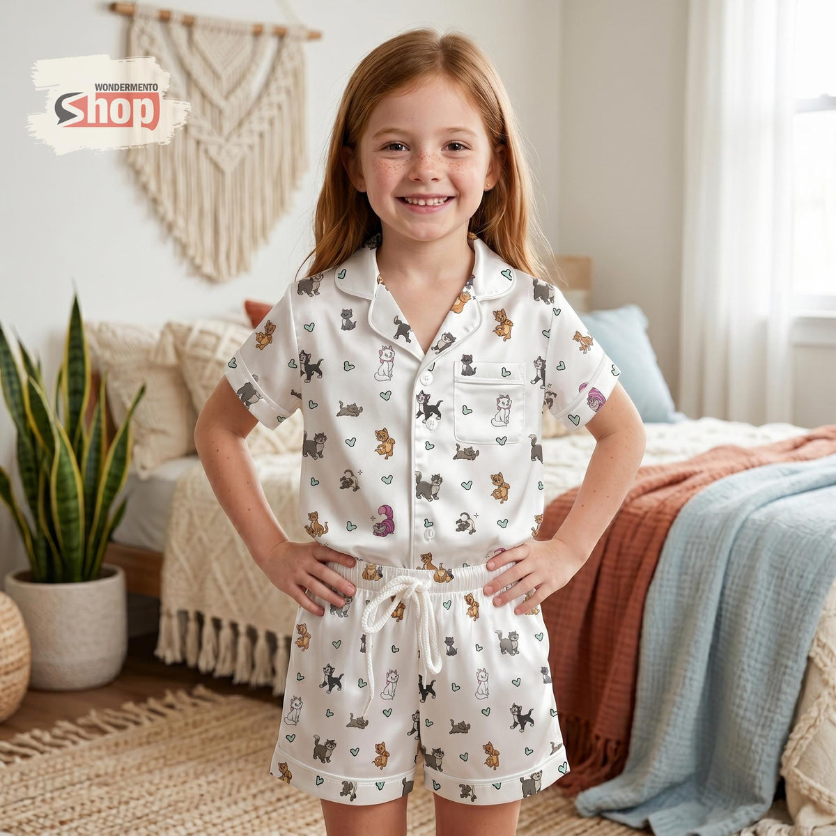 Disney Cats Kids Pajamas Set, Marie Aristocats Cheshire Cat Satin Short PJs for Girls, Cute Cartoon Sleepwear Gift