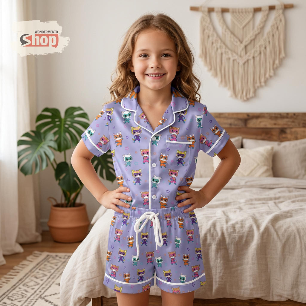 Kids Super Kitties Pajamas Set Satin Short PJs, Cartoon Cat Sleepwear Toddler Girls Summer Nightwear Birthday Gift Cute Lounge Set