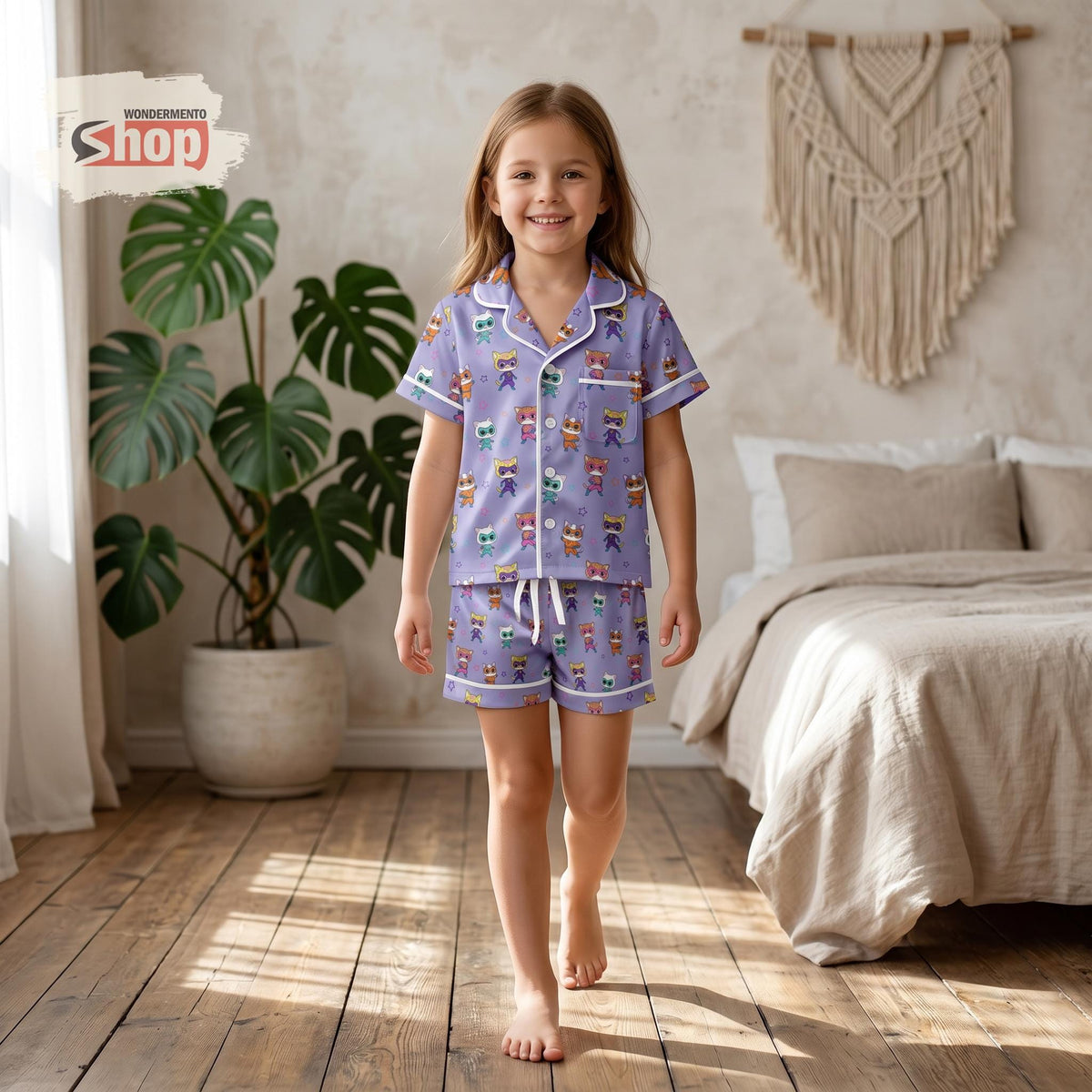 Kids Super Kitties Pajamas Set Satin Short PJs, Cartoon Cat Sleepwear Toddler Girls Summer Nightwear Birthday Gift Cute Lounge Set