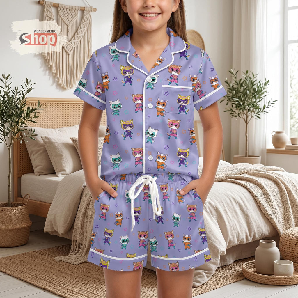 Kids Super Kitties Pajamas Set Satin Short PJs, Cartoon Cat Sleepwear Toddler Girls Summer Nightwear Birthday Gift Cute Lounge Set