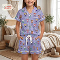 Kids Super Kitties Pajamas Set Satin Short PJs, Cartoon Cat Sleepwear Toddler Girls Summer Nightwear Birthday Gift Cute Lounge Set
