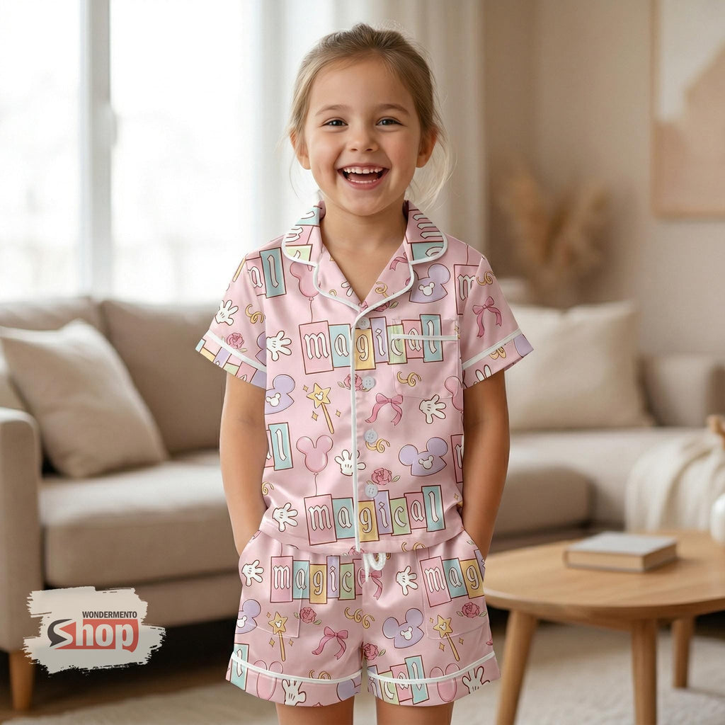Magical Mickey Kids Satin Pajamas Set, Coquette Bow Disney Pajamas, Cute Pink Sleepwear for Girls, Soft Summer Nightwear Gift Idea