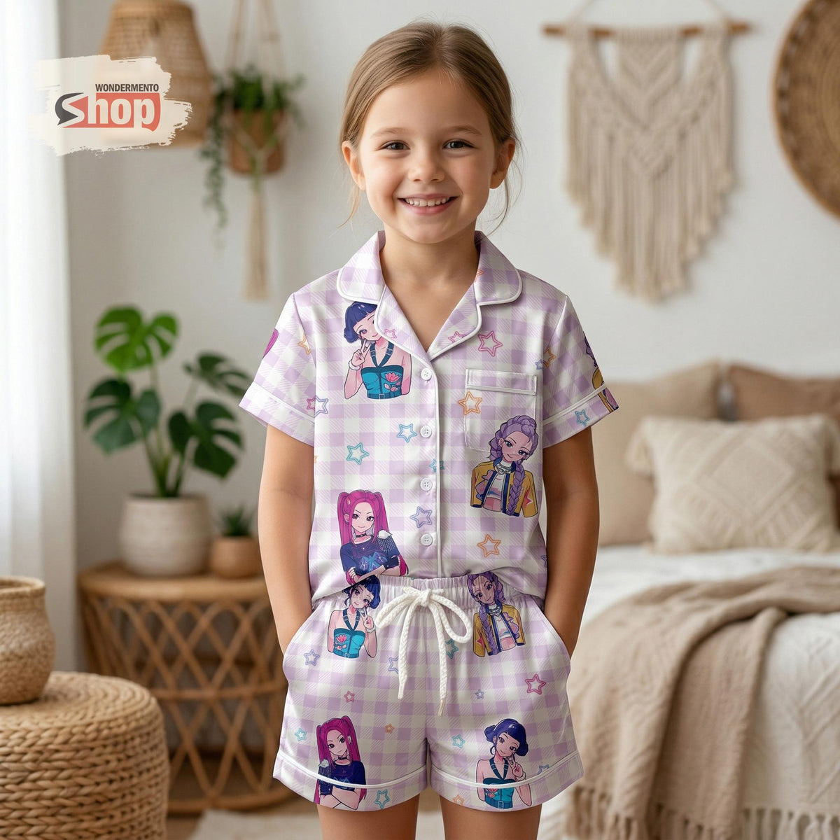Kpop Anime Kids Satin Pajamas Set, Cute Chibi Cartoon Girls Sleepwear, Kawaii Purple Pajama Set, Soft Summer Nightwear Gift for Kids