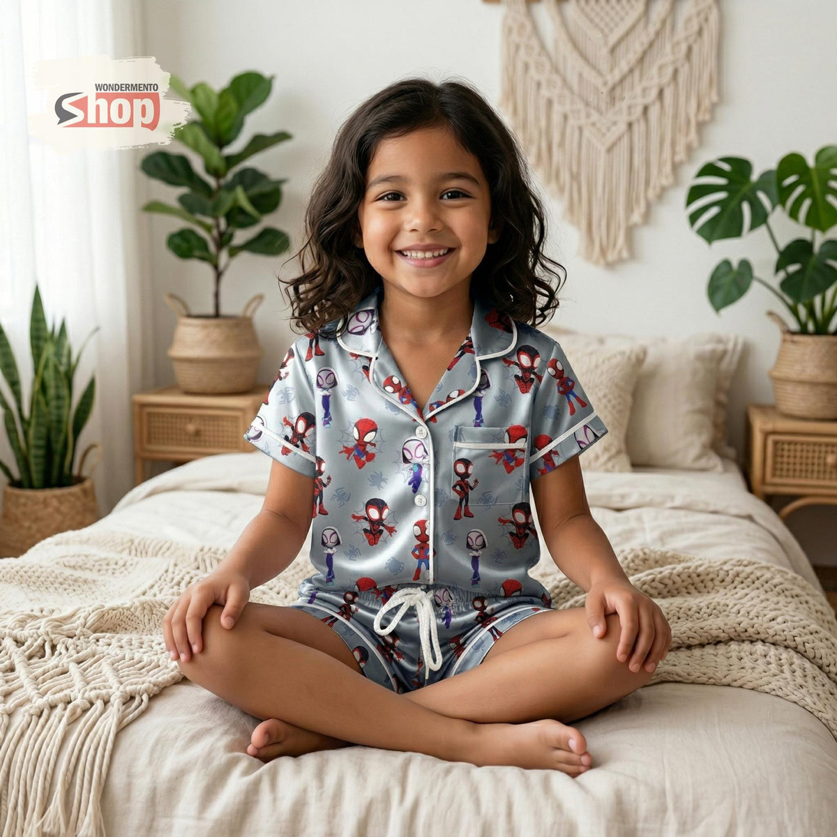 Spidey Kids Satin Pajamas Set, Superhero Cartoon Sleepwear, Cute Spider Boy Girls Pajama Set, Soft Summer Nightwear Gift for Kids Girls