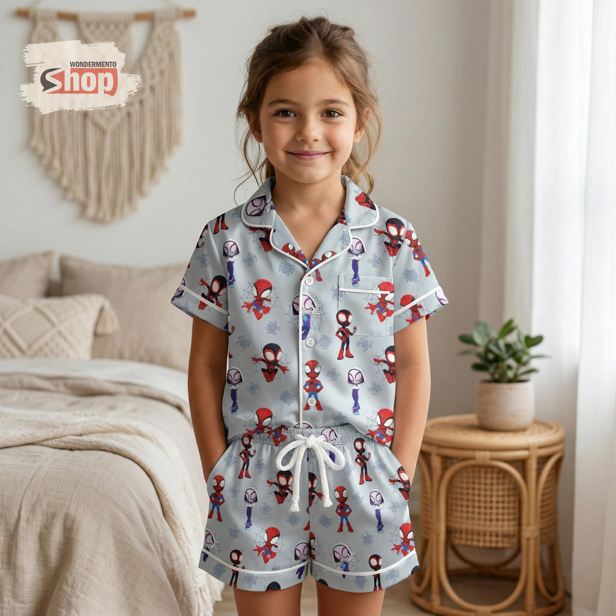Spidey Kids Satin Pajamas Set, Superhero Cartoon Sleepwear, Cute Spider Boy Girls Pajama Set, Soft Summer Nightwear Gift for Kids Girls