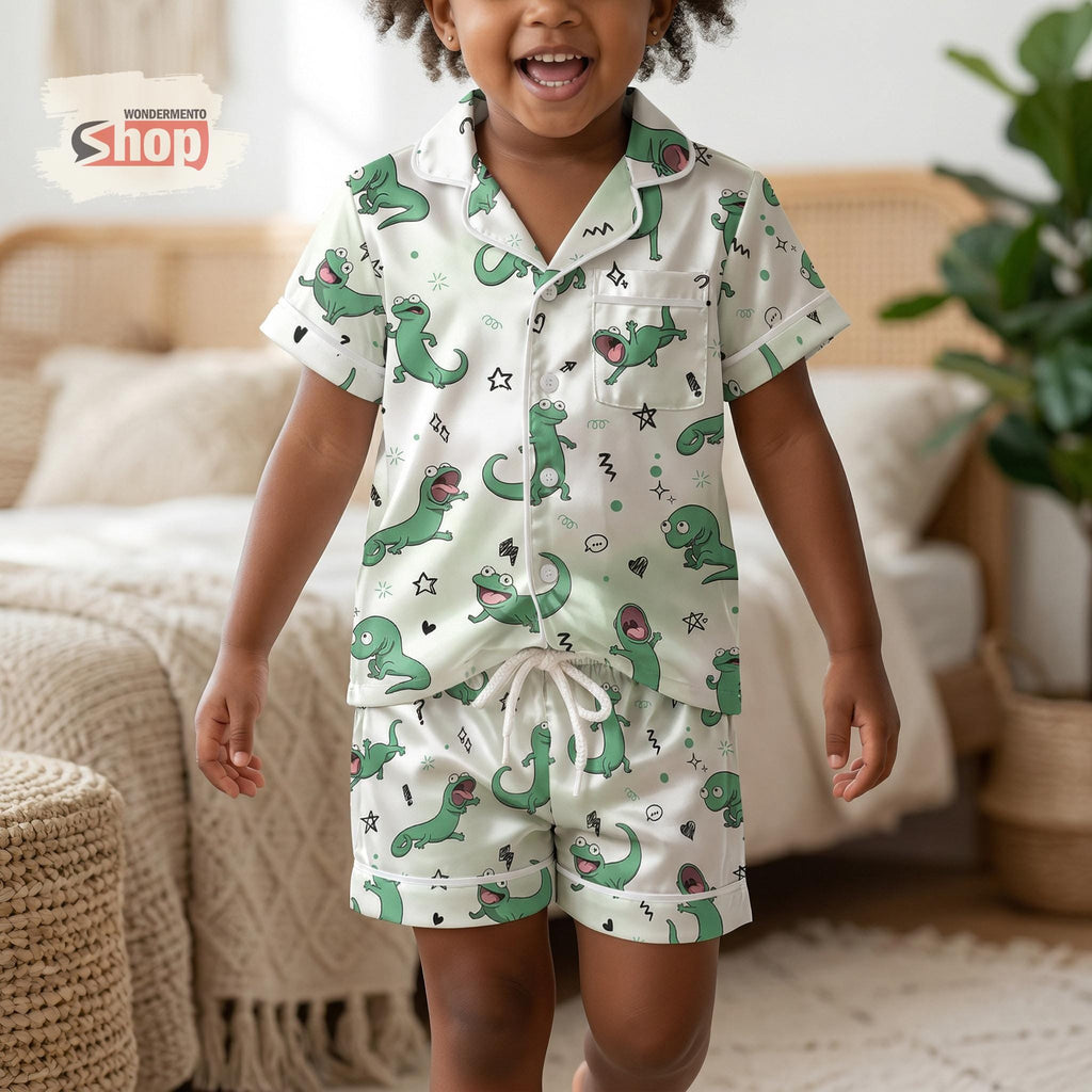 Cute Lizard Kids Satin Pajamas Set, Cartoon Reptile Sleepwear for Boys Girls, Funny Animal Pajama Set, Soft Summer Nightwear Gift for Kids