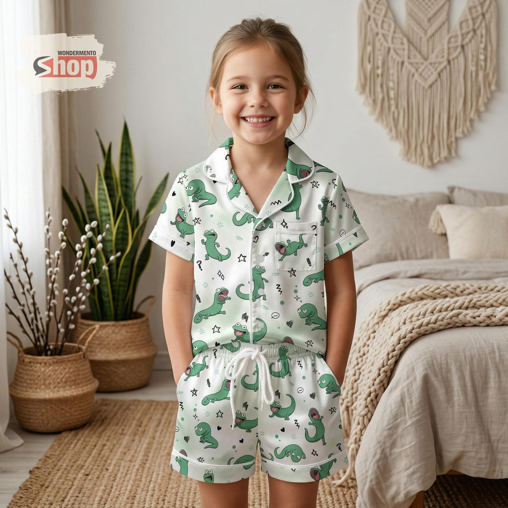 Cute Lizard Kids Satin Pajamas Set, Cartoon Reptile Sleepwear for Boys Girls, Funny Animal Pajama Set, Soft Summer Nightwear Gift for Kids