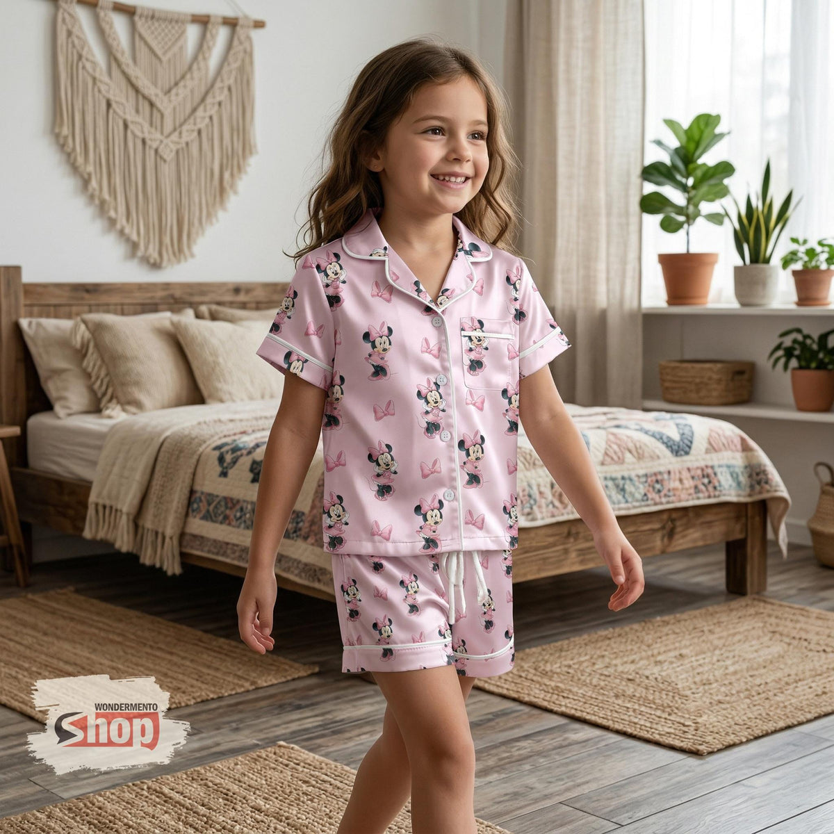 Minnie Mouse Kids Pajamas Set, Cute Pink Cartoon Sleepwear for Girls, Soft Satin PJs, Toddler Pajama Outfit, Birthday Gift for Daughter