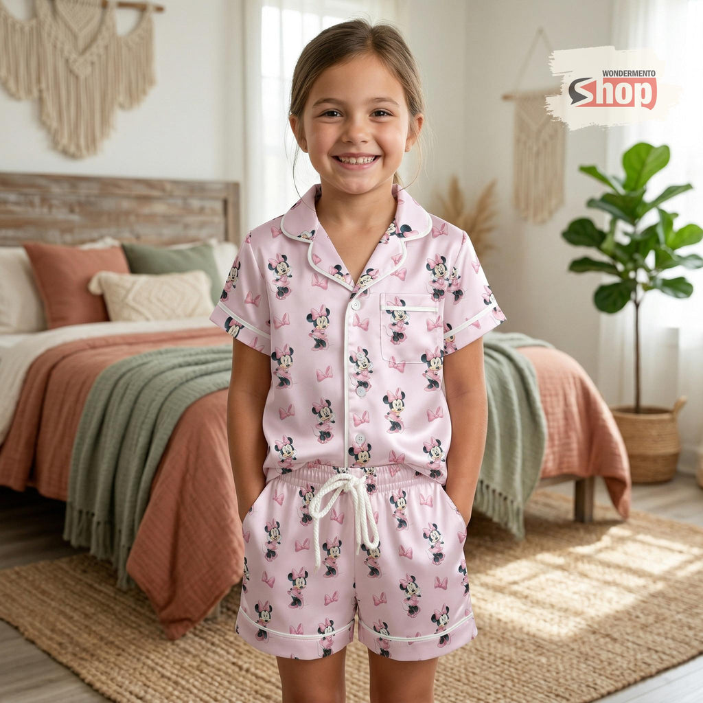 Minnie Mouse Kids Pajamas Set, Cute Pink Cartoon Sleepwear for Girls, Soft Satin PJs, Toddler Pajama Outfit, Birthday Gift for Daughter