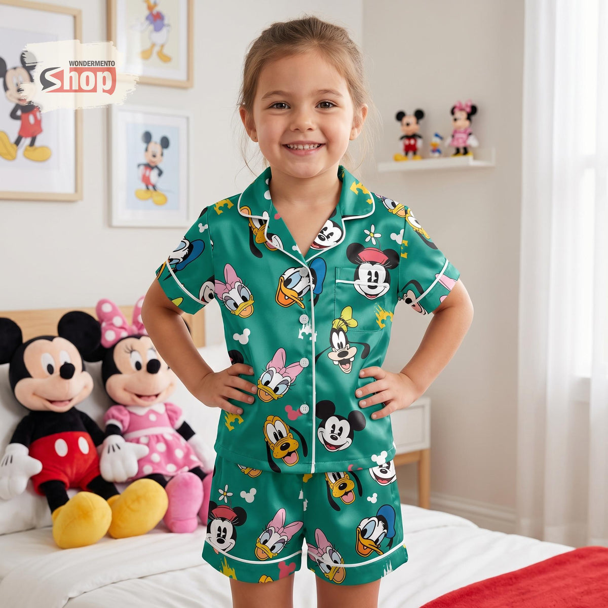 Mickey Friends Kids Pajamas Set, Retro Disney Short Satin PJs for Girls, Cartoon Button Up Sleepwear, Cute Birthday Gift