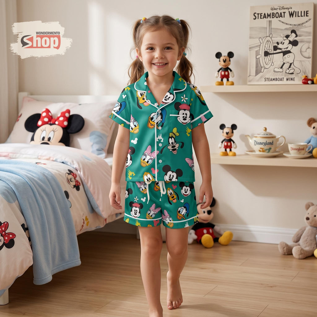 Mickey Friends Kids Pajamas Set, Retro Disney Short Satin PJs for Girls, Cartoon Button Up Sleepwear, Cute Birthday Gift