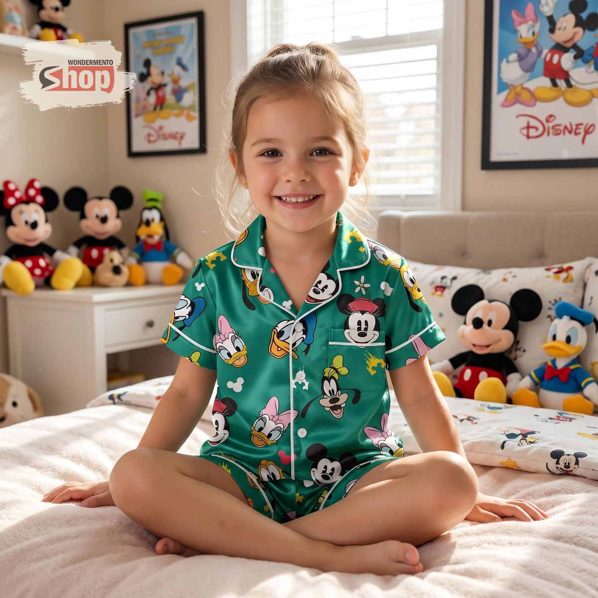Mickey Friends Kids Pajamas Set, Retro Disney Short Satin PJs for Girls, Cartoon Button Up Sleepwear, Cute Birthday Gift