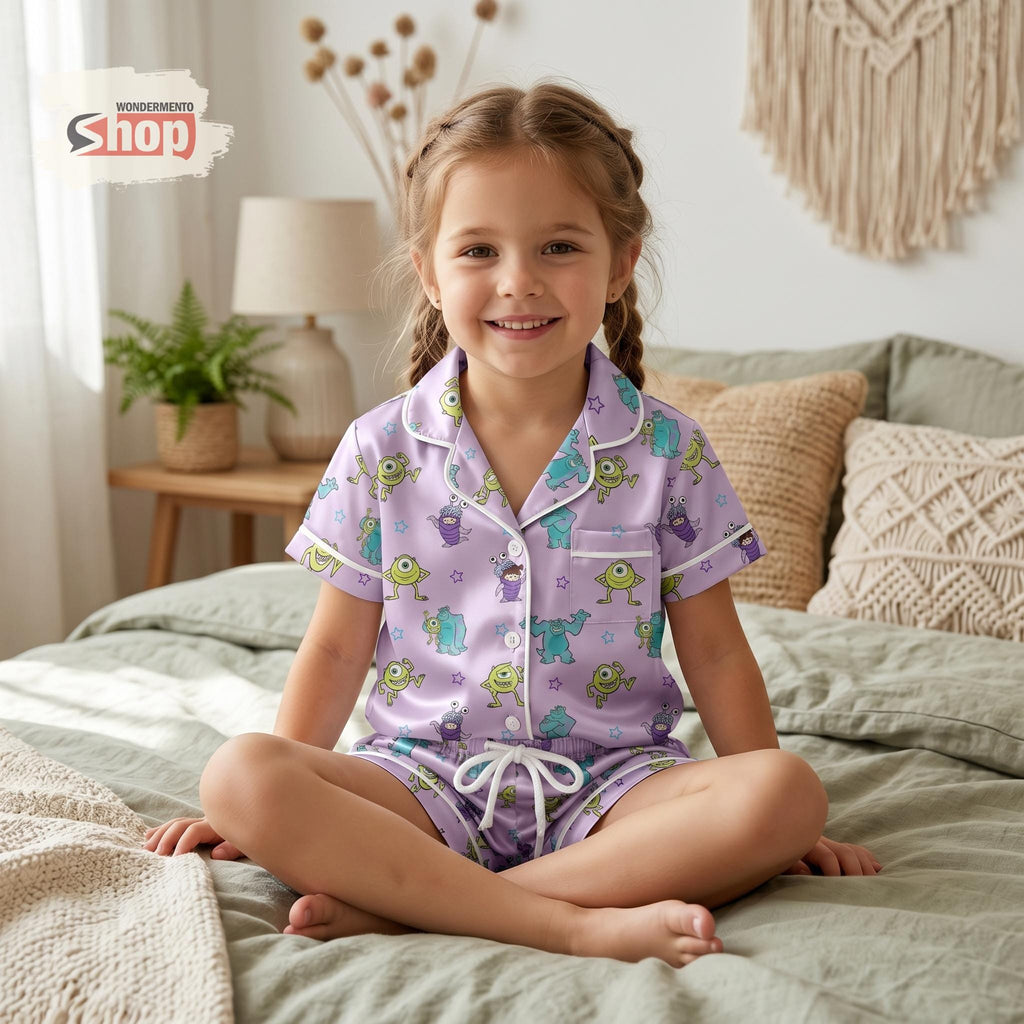 Monsters Inc Kids Pajamas Set, Toddler Short PJs, Disney Sleepwear, Mike Sulley Pajama Set, Summer Satin Pjs Outfit