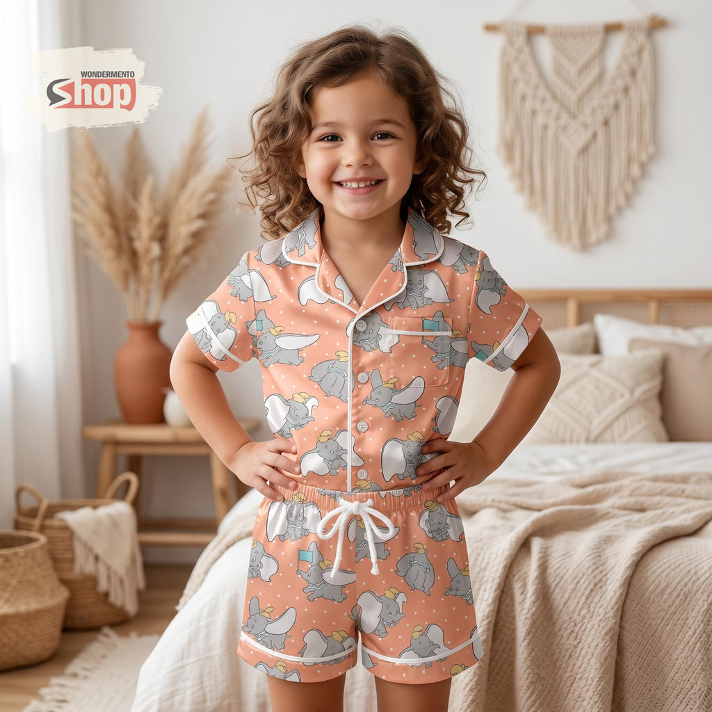 Dumbo Kids Pajamas Set, Toddler Short PJs, Elephant Disney Sleepwear, Cute Satin Pajama Set, Summer Bedtime Outfit