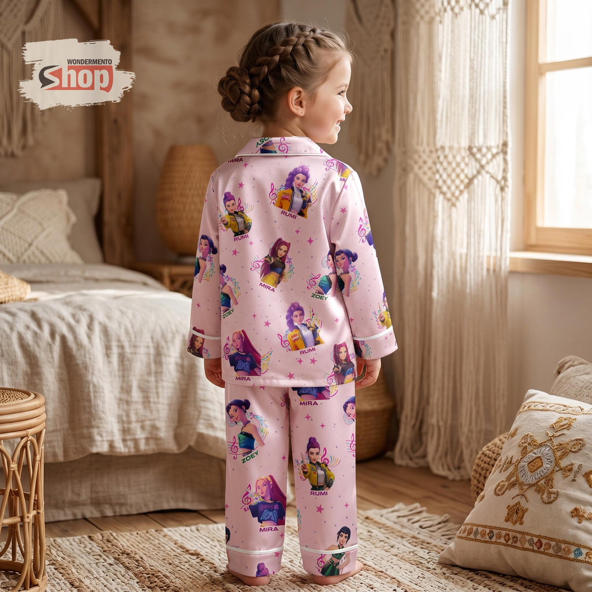 Pink Huntrix Inspired Youth Pajamas Set, Kpop Hunters Satin Kids PJs, Cute Kpop Fan Sleepwear Gift, Girls Cartoon Character Pajama Outfit