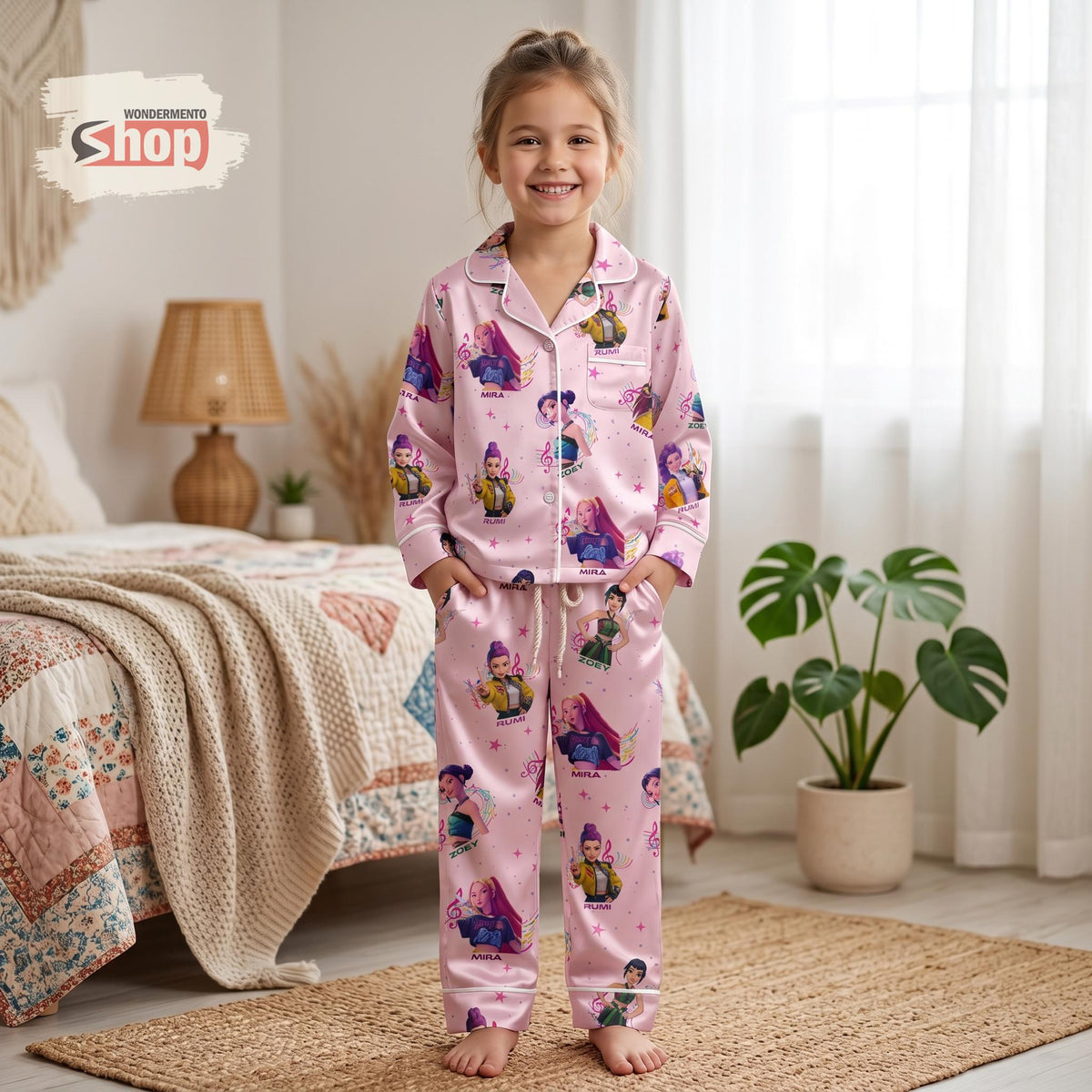 Pink Huntrix Inspired Youth Pajamas Set, Kpop Hunters Satin Kids PJs, Cute Kpop Fan Sleepwear Gift, Girls Cartoon Character Pajama Outfit