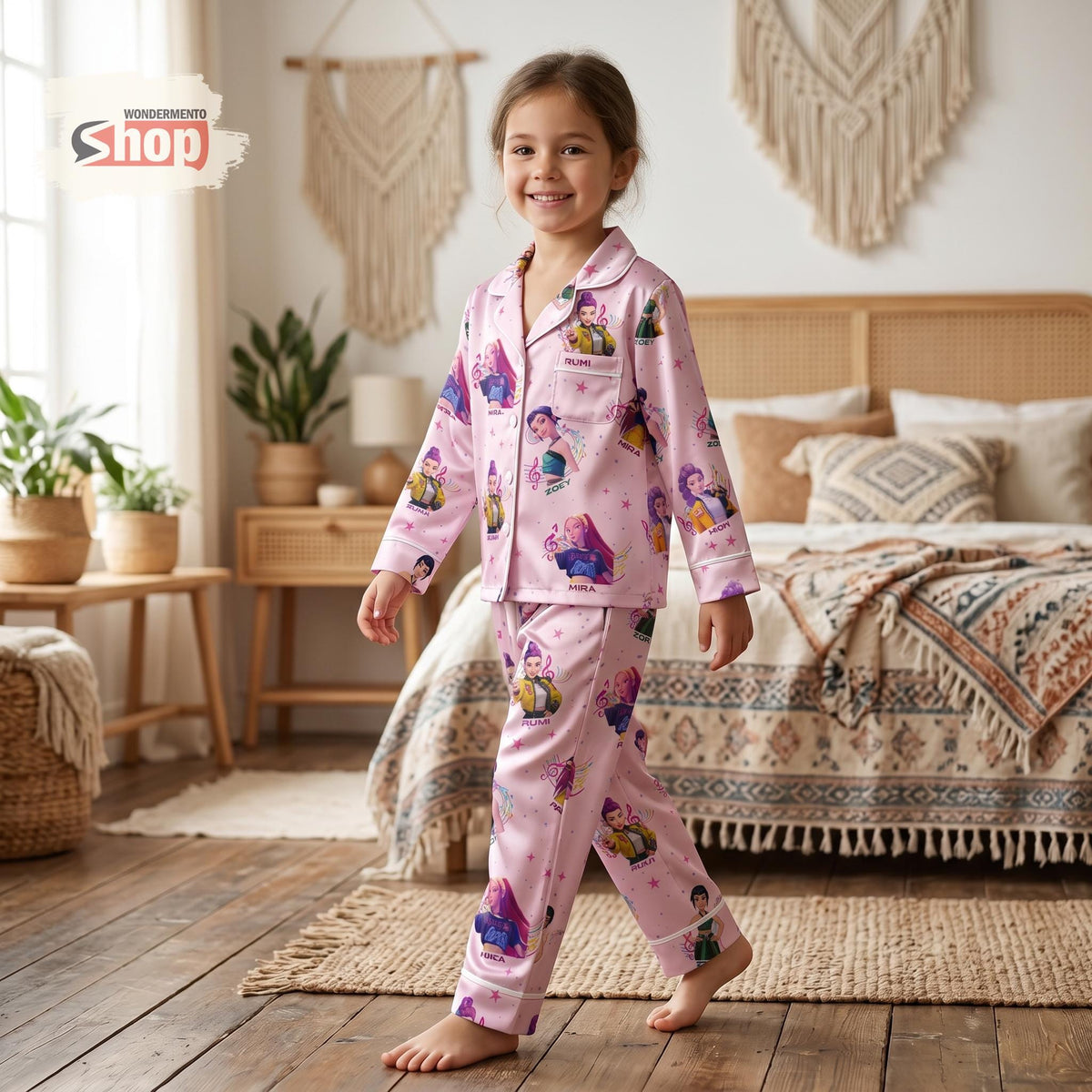 Pink Huntrix Inspired Youth Pajamas Set, Kpop Hunters Satin Kids PJs, Cute Kpop Fan Sleepwear Gift, Girls Cartoon Character Pajama Outfit