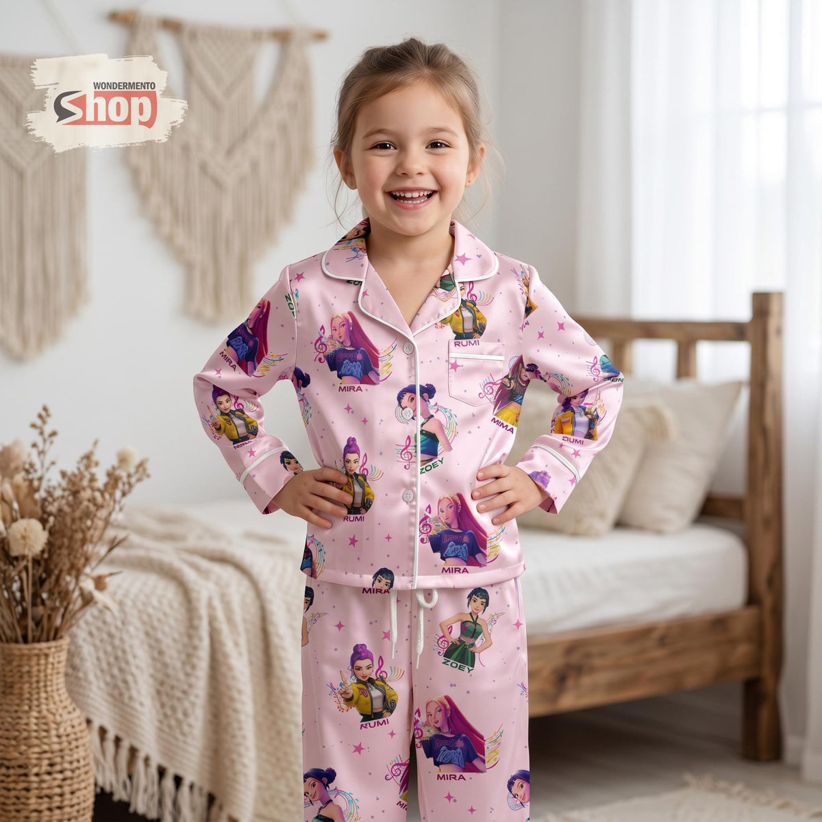 Pink Huntrix Inspired Youth Pajamas Set, Kpop Hunters Satin Kids PJs, Cute Kpop Fan Sleepwear Gift, Girls Cartoon Character Pajama Outfit