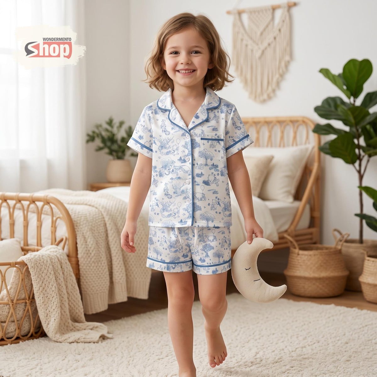 Toile De Jouy Winnie Pooh Kids Pajama Set, Girls Button Up Sleepwear, Blue Summer Toddler Lounge Outfit, Disney Family Vacation Gift