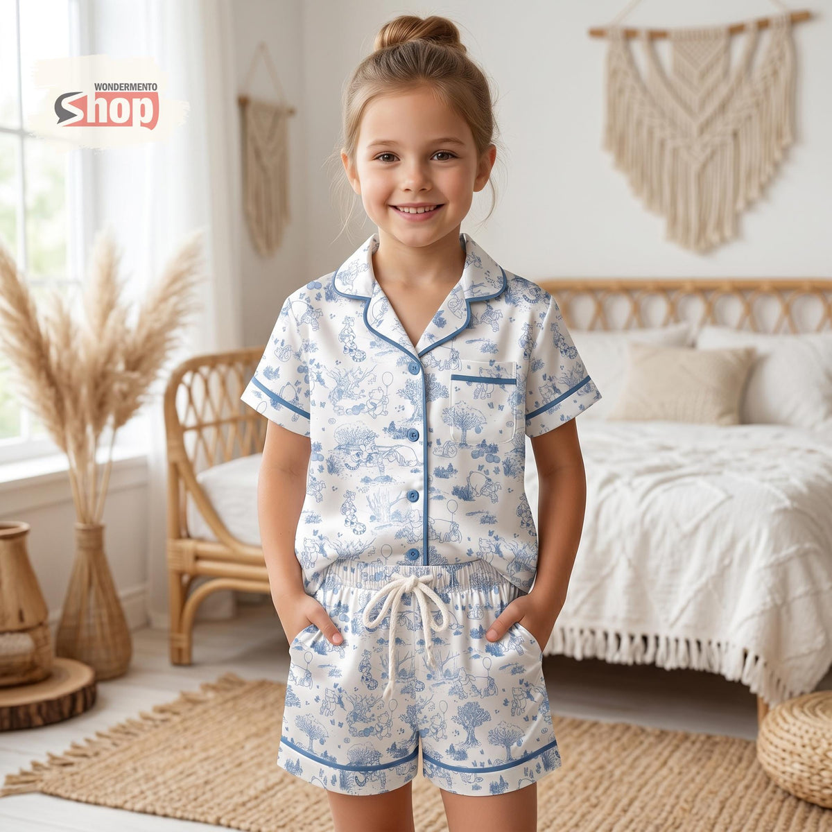 Toile De Jouy Winnie Pooh Kids Pajama Set, Girls Button Up Sleepwear, Blue Summer Toddler Lounge Outfit, Disney Family Vacation Gift