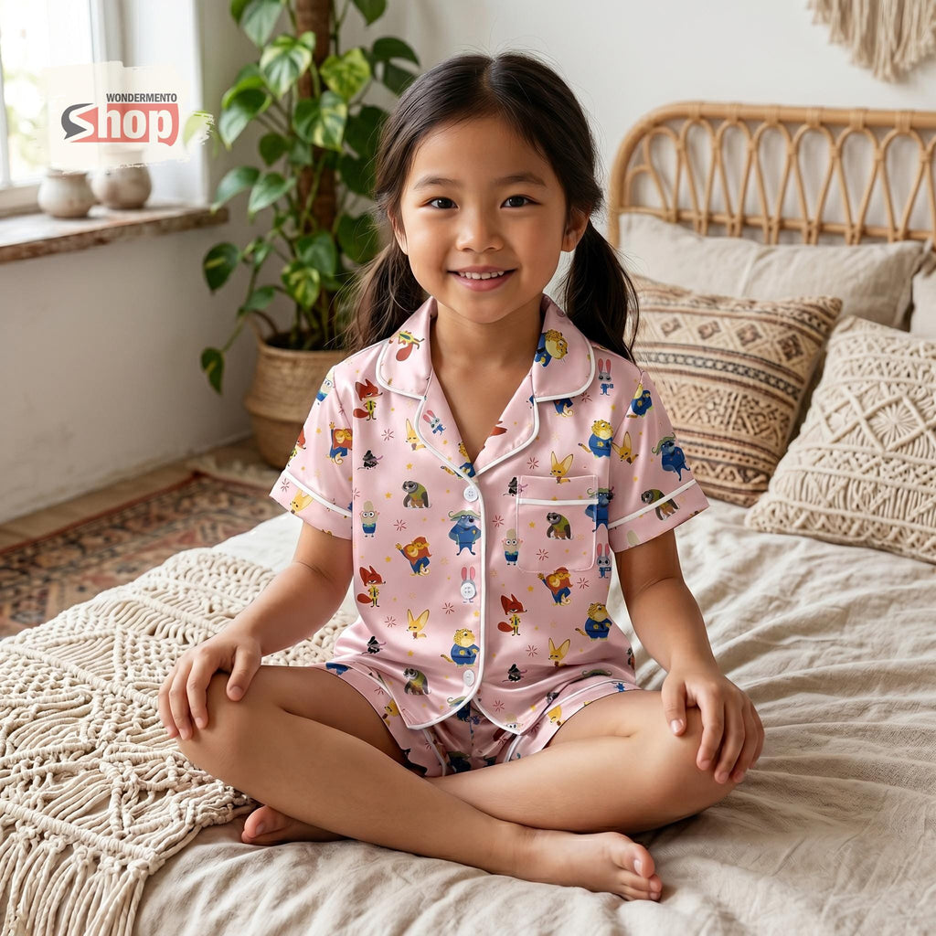 Zootopia Kids Satin Pajama Set, Judy Hopps Nick Wilde Disney Sleepwear, Cute Cartoon Summer Short Sleeve Girls PJs