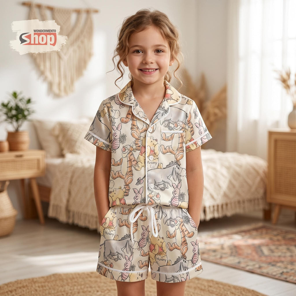 Winnie The Pooh Kids Pajamas Set, Pooh Bear Tigger Eeyore Piglet Toddler Satin PJs, Cute Disney Sleepwear, Summer Gift For Kids