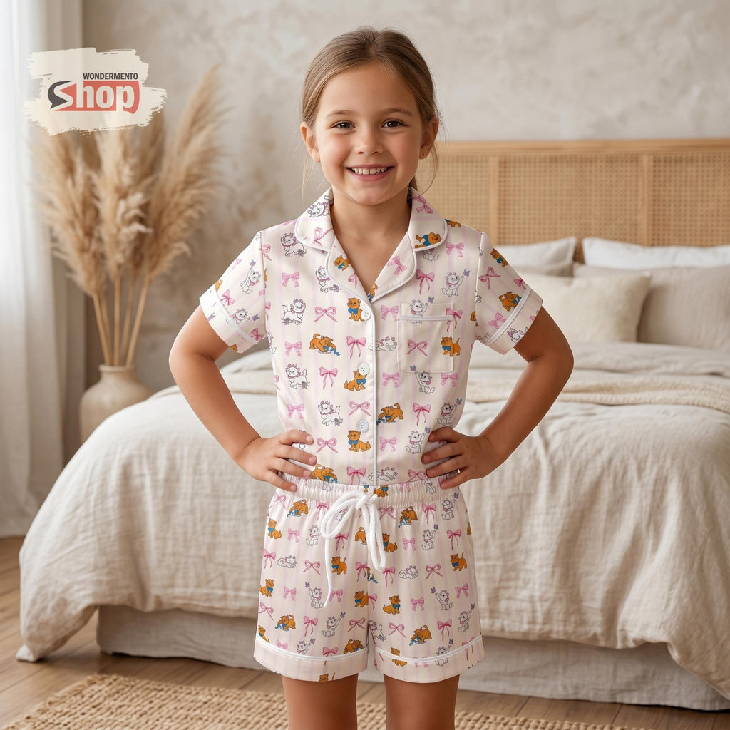 Aristocats Kids Pajamas Set, Marie Toulouse Berlioz Toddler Satin PJs, Cute Cat Coquette Bow Sleepwear, Disney Inspired Gift For Girls