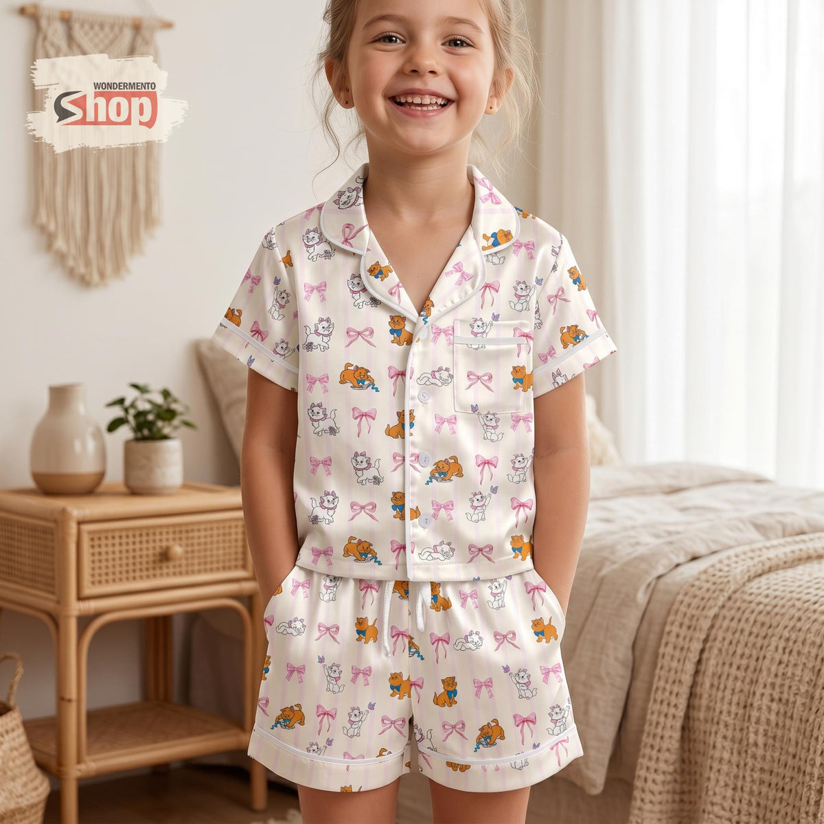 Aristocats Kids Pajamas Set, Marie Toulouse Berlioz Toddler Satin PJs, Cute Cat Coquette Bow Sleepwear, Disney Inspired Gift For Girls
