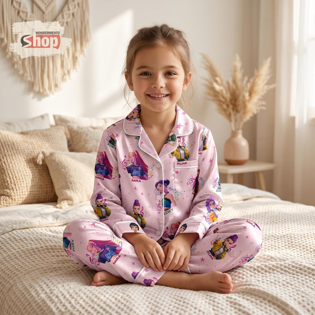 Pink Huntrix Inspired Youth Pajamas Set, Kpop Hunters Satin Kids PJs, Cute Kpop Fan Sleepwear Gift, Girls Cartoon Character Pajama Outfit