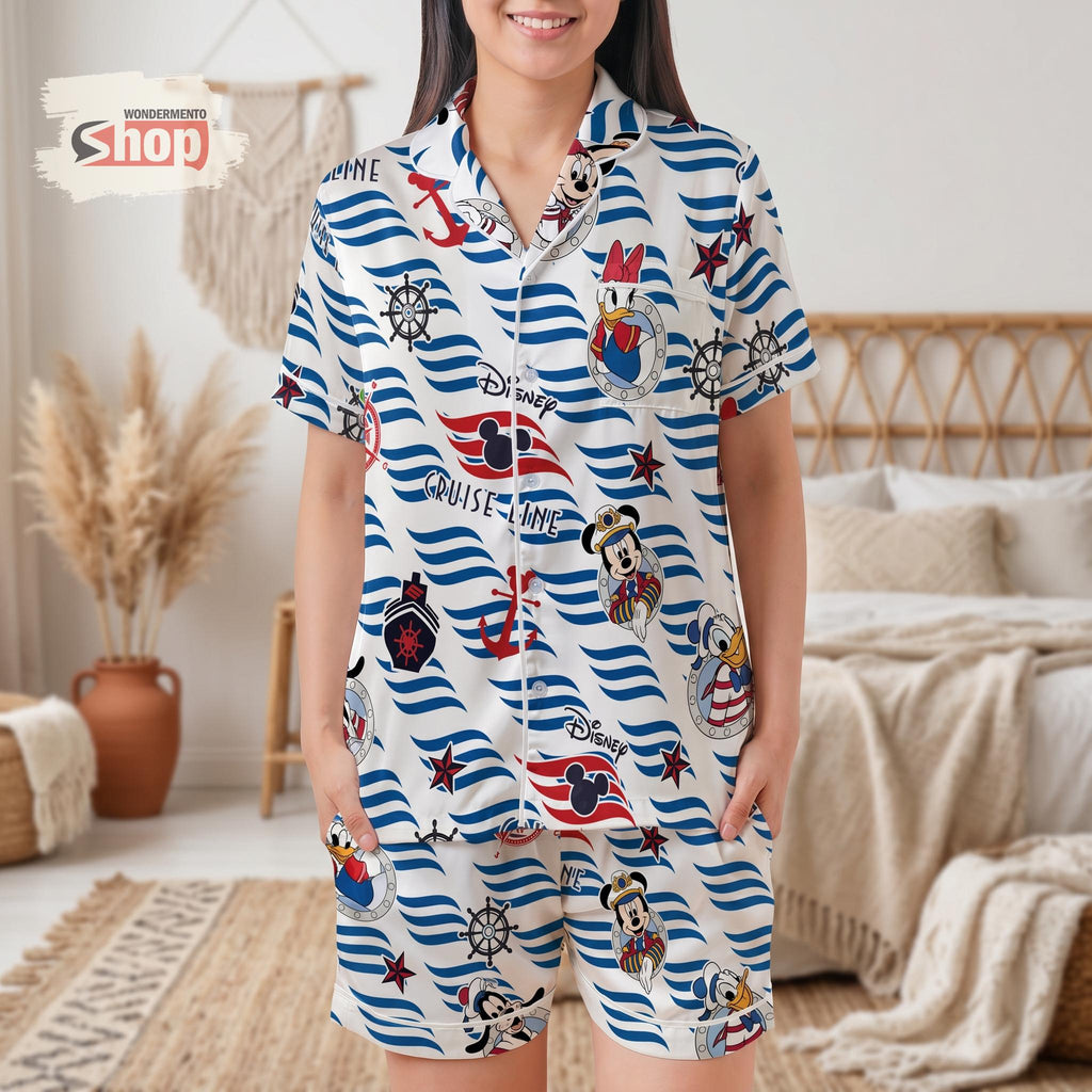 Disney Cruise Satin Pajamas Set, Mickey Minnie Nautical Sleepwear, Matching Family Vacation PJs, Summer Short Sleeve Pajama Outfit Gift