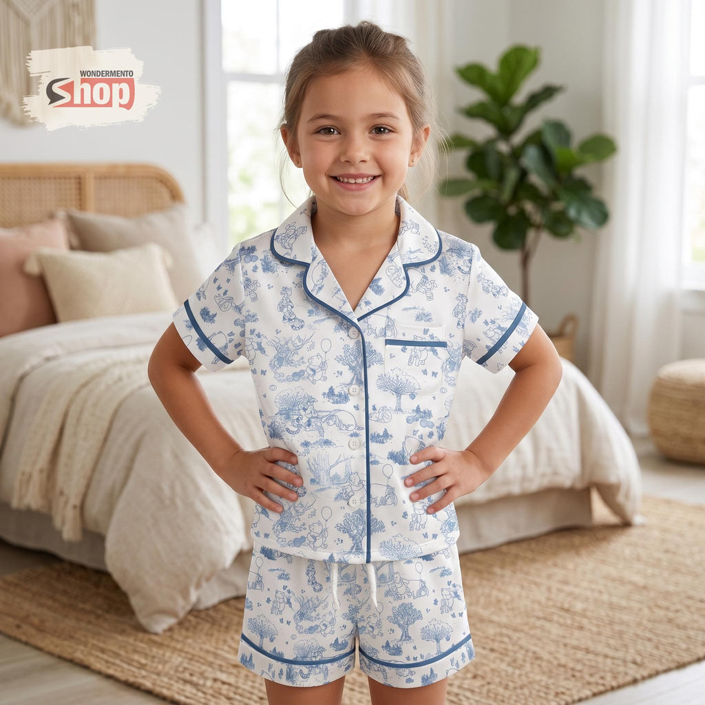 Toile De Jouy Winnie Pooh Kids Pajama Set, Girls Button Up Sleepwear, Blue Summer Toddler Lounge Outfit, Disney Family Vacation Gift