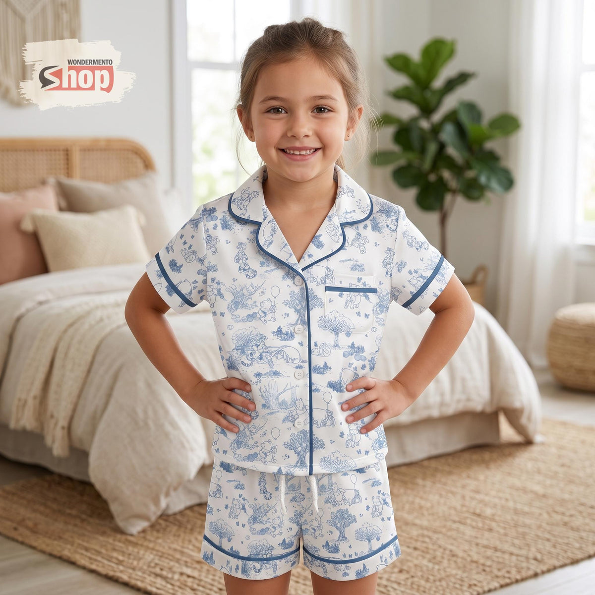 Toile De Jouy Winnie Pooh Kids Pajama Set, Girls Button Up Sleepwear, Blue Summer Toddler Lounge Outfit, Disney Family Vacation Gift