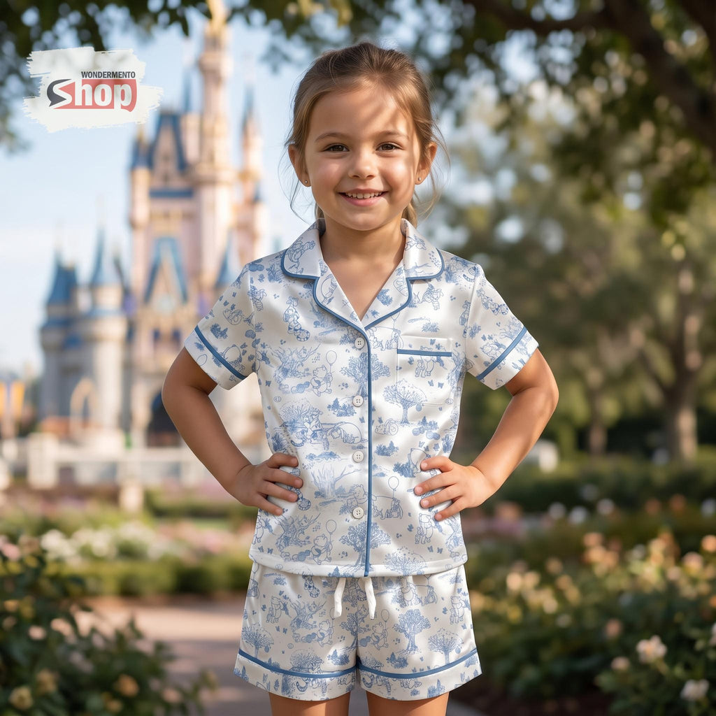 Toile De Jouy Winnie Pooh Kids Pajama Set, Girls Button Up Sleepwear, Blue Summer Toddler Lounge Outfit, Disney Family Vacation Gift