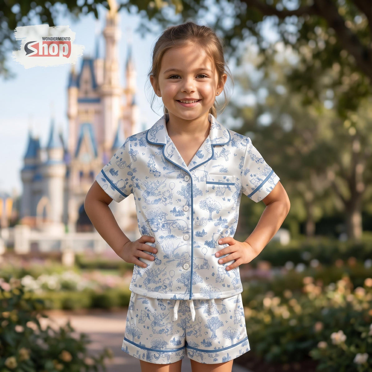 Toile De Jouy Winnie Pooh Kids Pajama Set, Girls Button Up Sleepwear, Blue Summer Toddler Lounge Outfit, Disney Family Vacation Gift