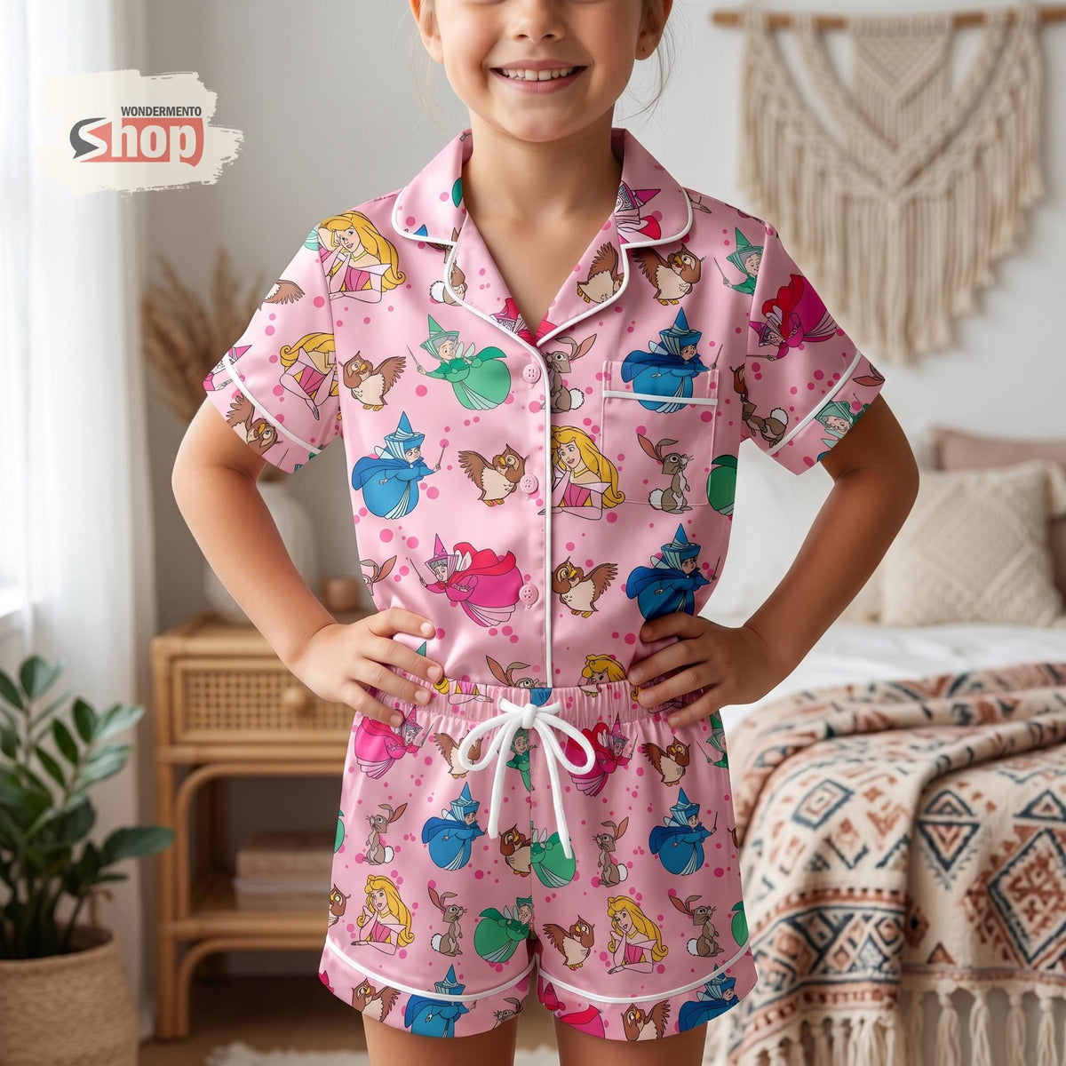 Sleeping Beauty Aurora Kids Pajama Set, Pink Princess Satin PJs, Fairy Godmother Girls Sleepwear, Disney Family Gift