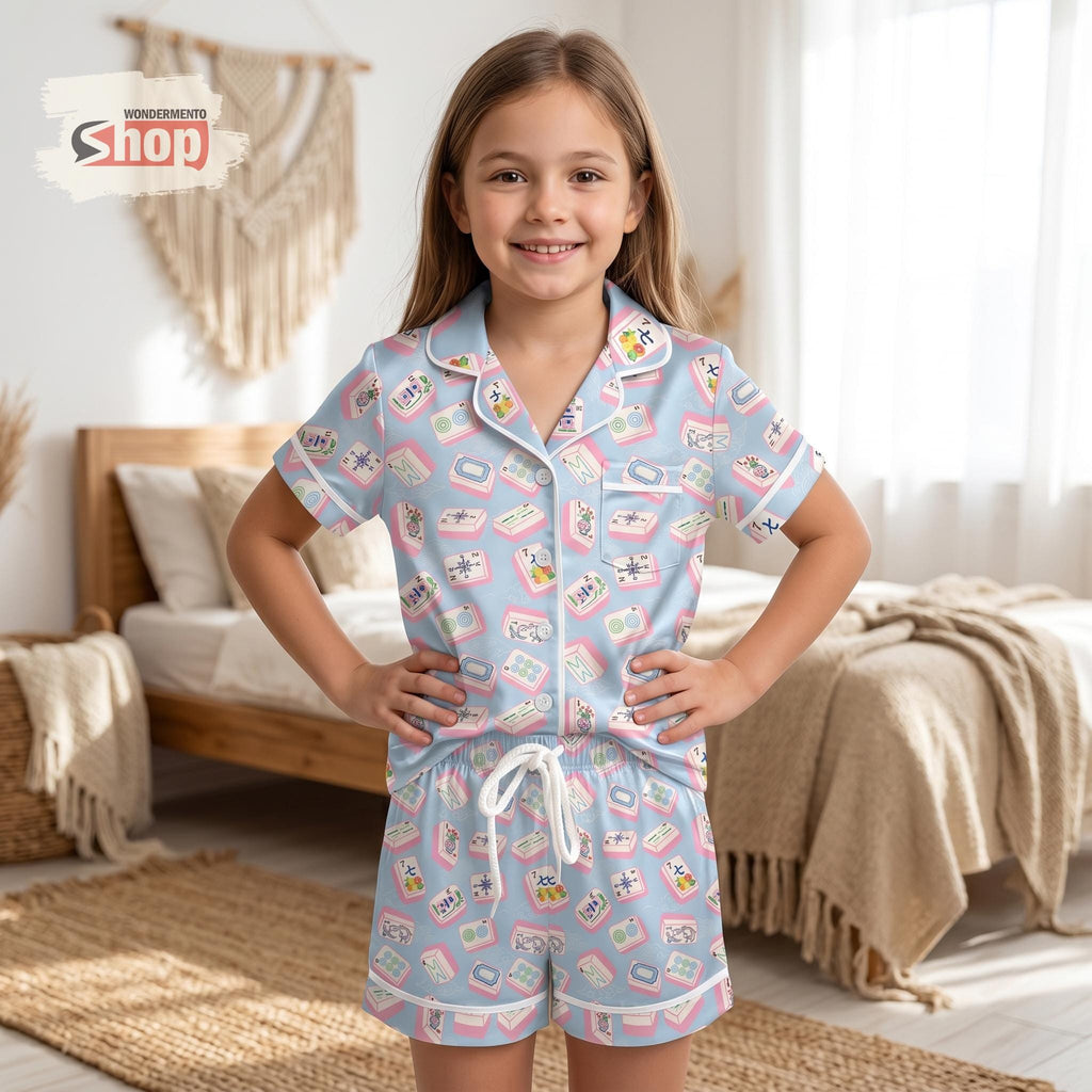 Mahjong Kids Satin Pajama Set, Cute Chinese Tile Game Sleepwear, Matching Family Summer Short Sleeve Girls Boys PJs