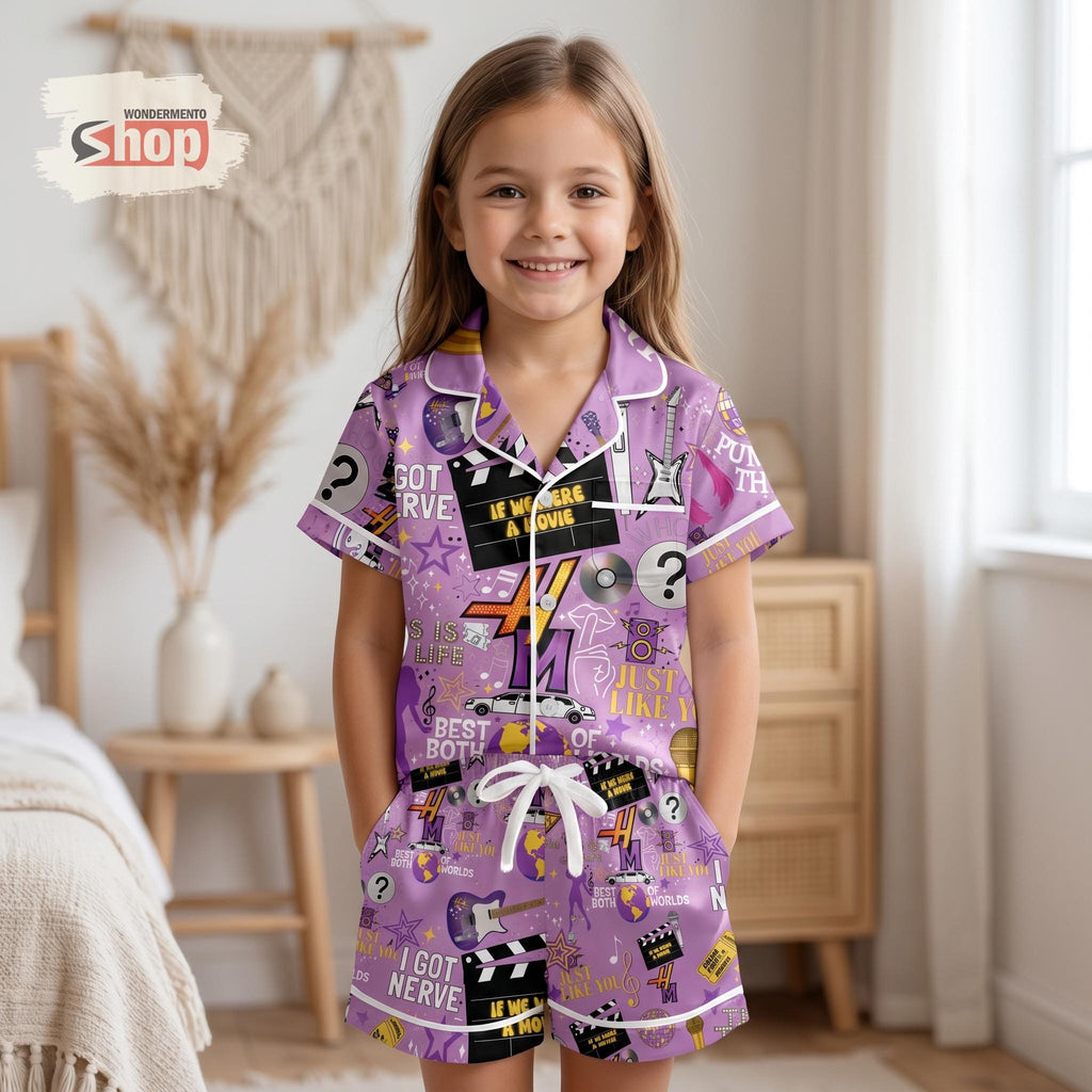 Hannah Montana Kids Satin Pajama Set, Disney Channel Pop Star Sleepwear, Best Of Both Worlds Girls Short Sleeve PJs