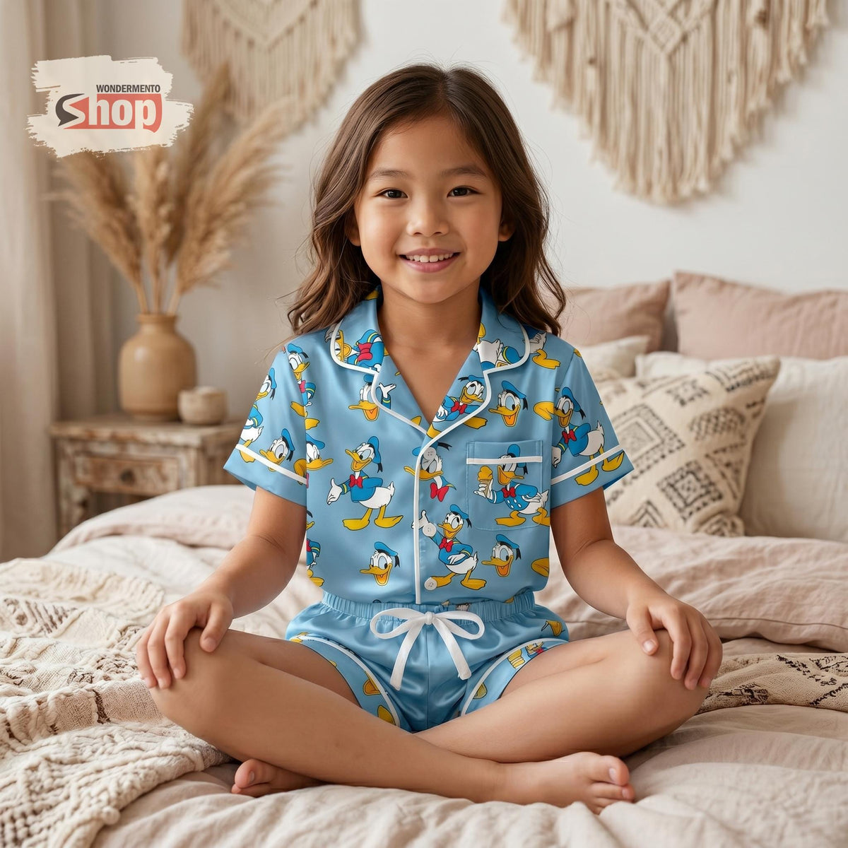 Donald Duck Kids Pajama Set, Disney Girls Satin Sleepwear, Short Sleeve Button Up PJs, Cute Toddler Summer Shorts Birthday Gift 2026