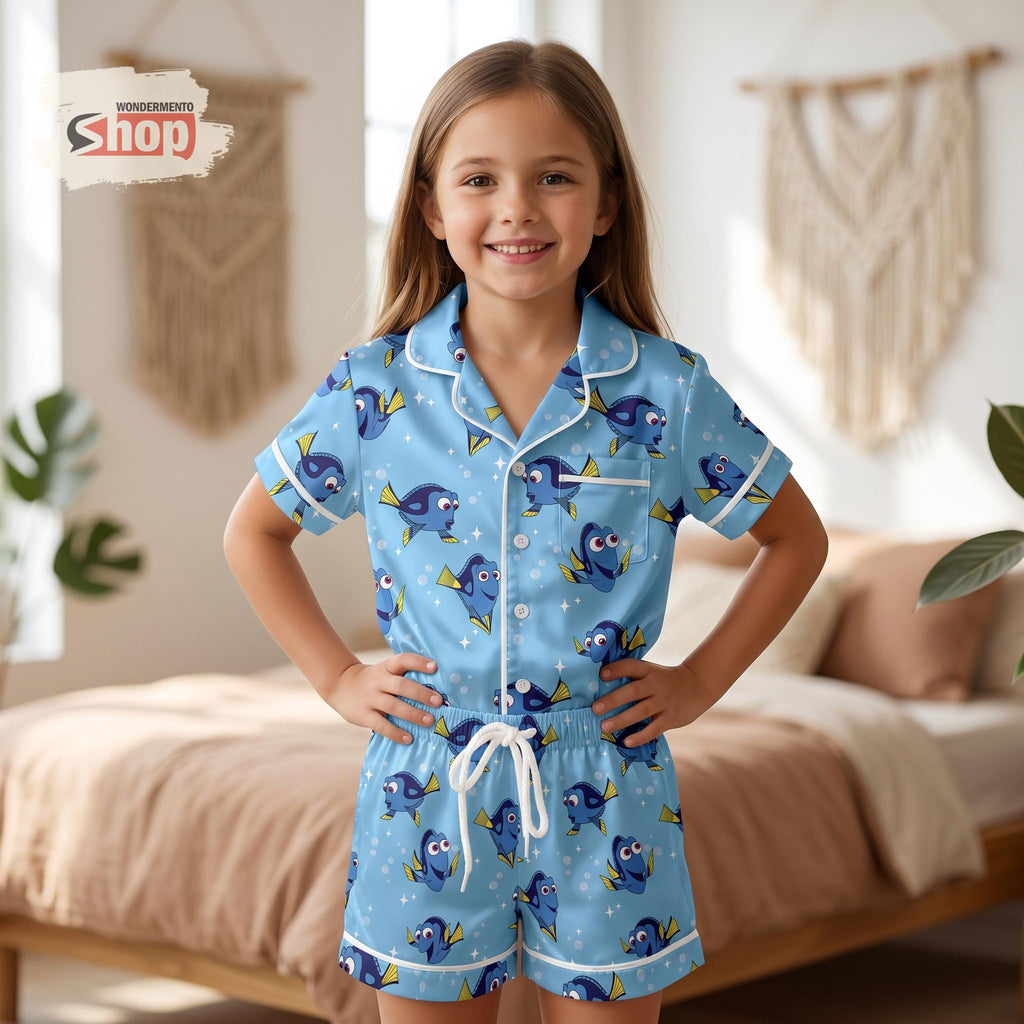 Finding Dory Kids Pajama Set, Nemo Friends Disney Girls Satin Sleepwear, Short Sleeve Button Up PJs, Toddler Summer Birthday Gift 2026