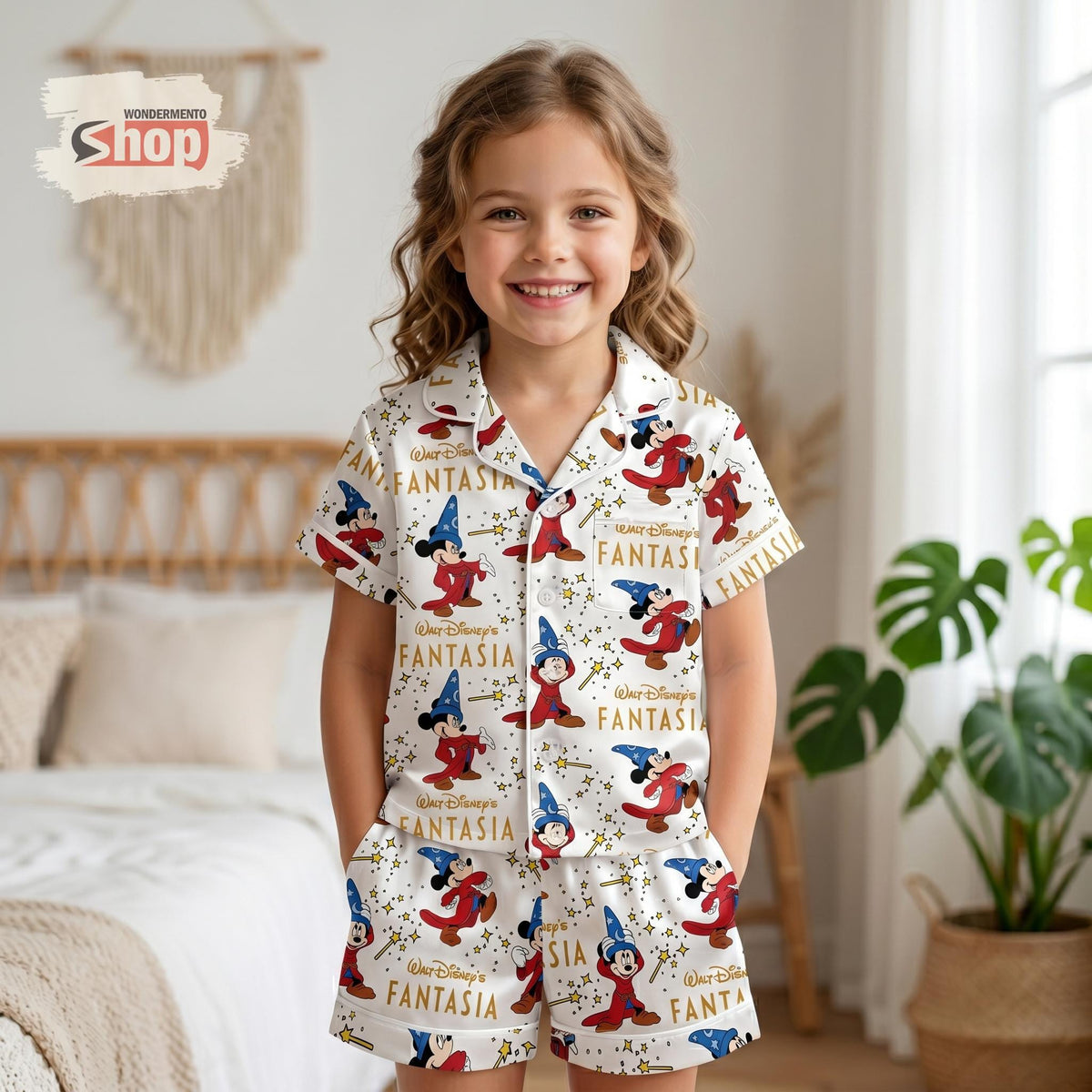 Mickey Fantasia Kids Pajama Set, Disney Girls Satin Sleepwear, Sorcerer Mickey Short Sleeve Button Up PJs, Toddler Birthday Gift 2026