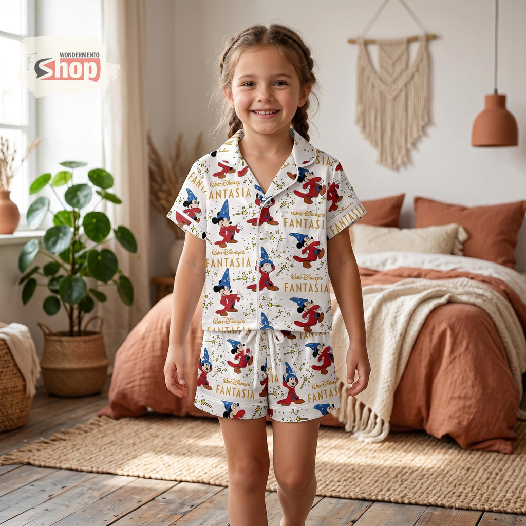 Mickey Fantasia Kids Pajama Set, Disney Girls Satin Sleepwear, Sorcerer Mickey Short Sleeve Button Up PJs, Toddler Birthday Gift 2026