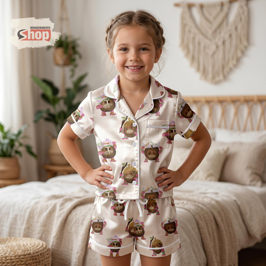 Moana Kakamora Kids Pajama Set, Coconut Pirate Disney Satin Sleepwear, Short Sleeve Button Up PJs, Tropical Toddler Birthday Gift 2026