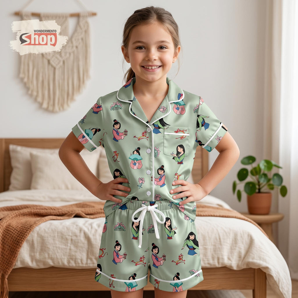 Mulan Kids Pajama Set, Disney Princess Girls Satin Sleepwear, Short Sleeve Button Up PJs, Toddler Summer Birthday Gift for Girls 2026