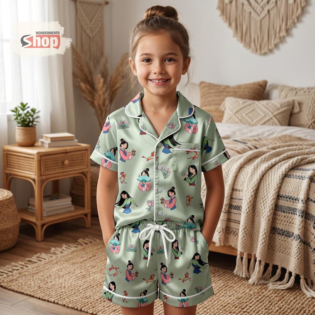 Mulan Kids Pajama Set, Disney Princess Girls Satin Sleepwear, Short Sleeve Button Up PJs, Toddler Summer Birthday Gift for Girls 2026